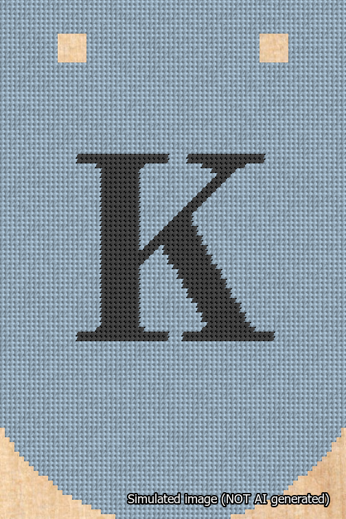 A simulated image of the stitched needlepoint design: Banner 18m Curved K Black on Light Blue. Not A.I. generated.