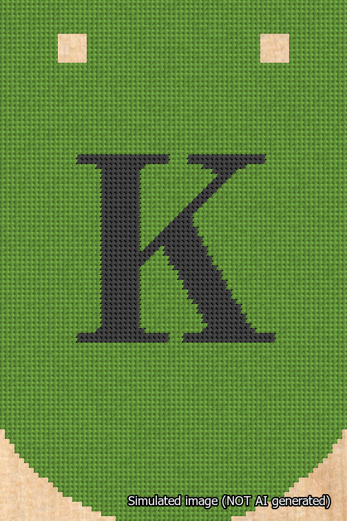 A simulated image of the stitched needlepoint design: Banner 18m Curved K Black on Light Green. Not A.I. generated.
