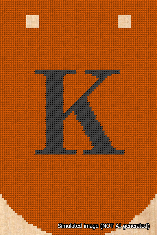 A simulated image of the stitched needlepoint design: Banner 18m Curved K Black on Orange. Not A.I. generated.