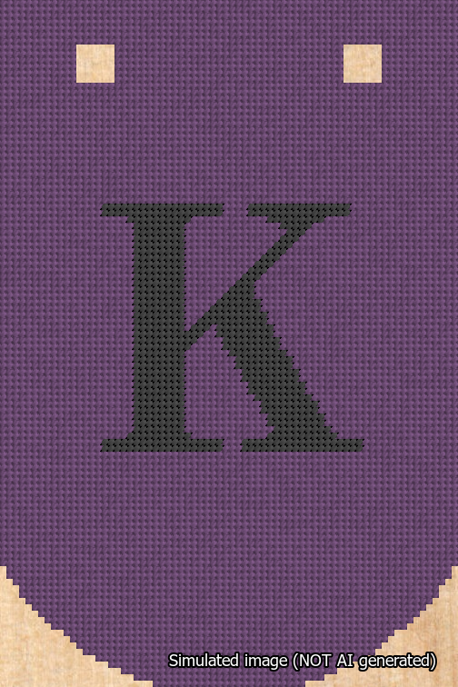 A simulated image of the stitched needlepoint design: Banner 18m Curved K Black on Purple. Not A.I. generated.