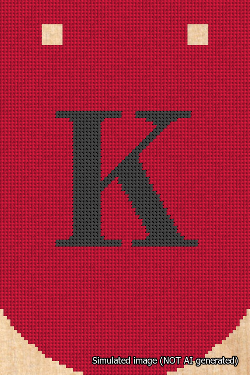A simulated image of the stitched needlepoint design: Banner 18m Curved K Black on Red. Not A.I. generated.