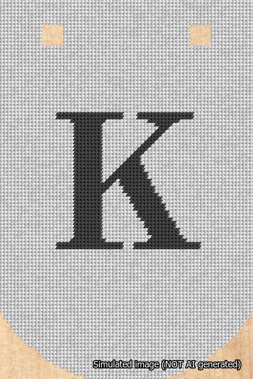 A simulated image of the stitched needlepoint design: Banner 18m Curved K Black on White. Not A.I. generated.