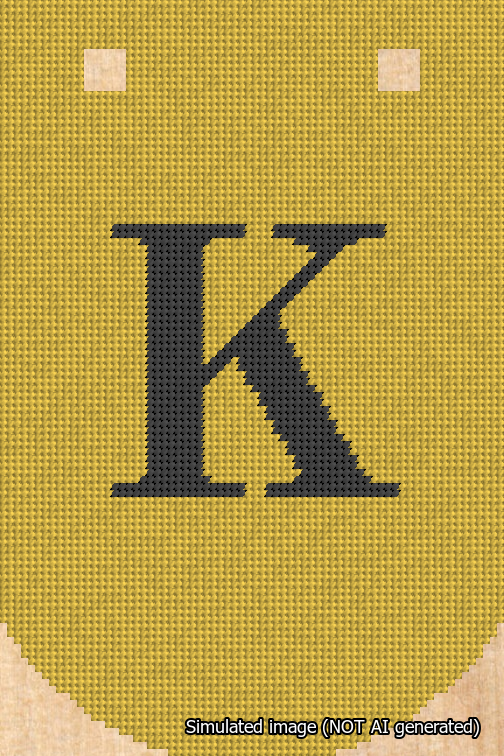 A simulated image of the stitched needlepoint design: Banner 18m Curved K Black on Yellow. Not A.I. generated.