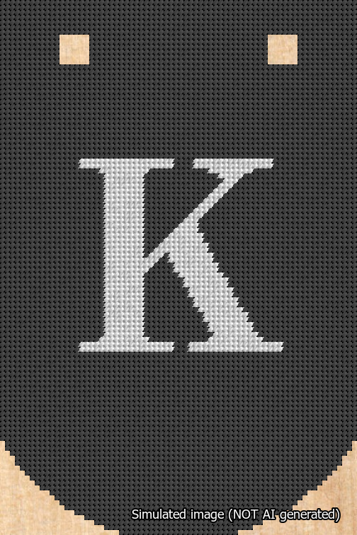 A simulated image of the stitched needlepoint design: Banner 18m Curved K White on Black. Not A.I. generated.