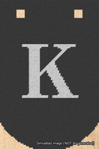 A simulated image of the stitched needlepoint design: Banner 18m Curved K White on Black. Not A.I. generated.