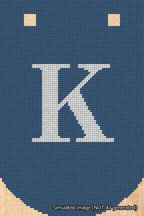 A simulated image of the stitched needlepoint design: Banner 18m Curved K White on Blue. Not A.I. generated.