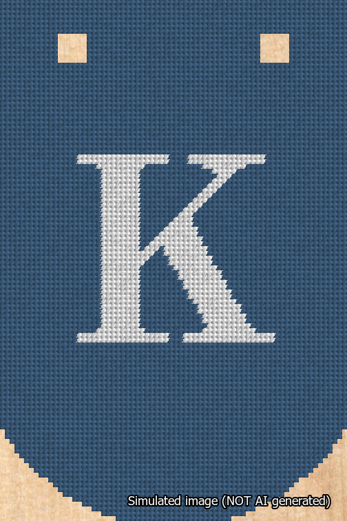 A simulated image of the stitched needlepoint design: Banner 18m Curved K White on Blue. Not A.I. generated.