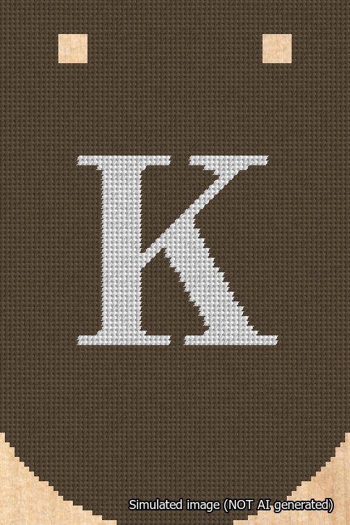 A simulated image of the stitched needlepoint design: Banner 18m Curved K White on Brown. Not A.I. generated.