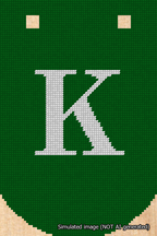 A simulated image of the stitched needlepoint design: Banner 18m Curved K White on Green. Not A.I. generated.