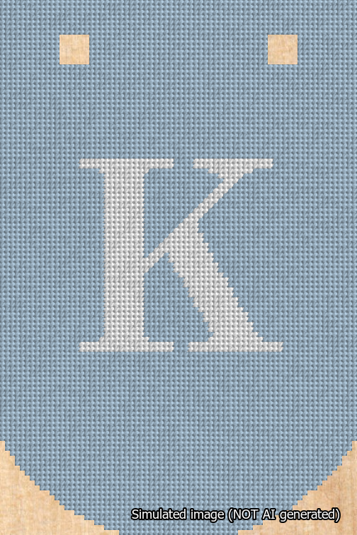 A simulated image of the stitched needlepoint design: Banner 18m Curved K White on Light Blue. Not A.I. generated.