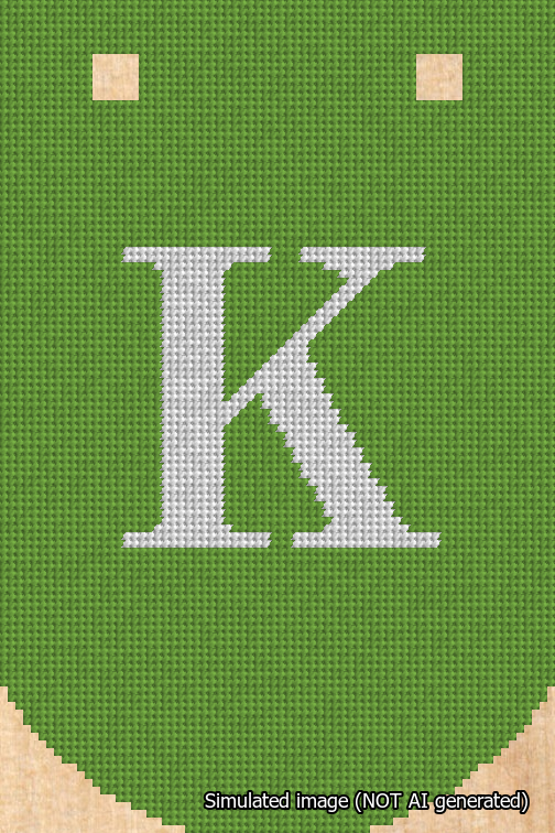 A simulated image of the stitched needlepoint design: Banner 18m Curved K White on Light Green. Not A.I. generated.