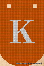 A simulated image of the stitched needlepoint design: Banner 18m Curved K White on Orange. Not A.I. generated.