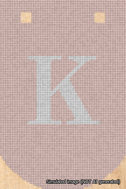 A simulated image of the stitched needlepoint design: Banner 18m Curved K White on Pink. Not A.I. generated.