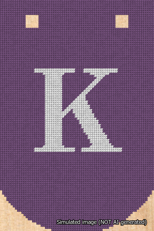 A simulated image of the stitched needlepoint design: Banner 18m Curved K White on Purple. Not A.I. generated.