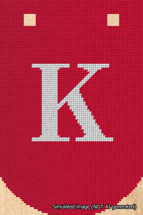 A simulated image of the stitched needlepoint design: Banner 18m Curved K White on Red. Not A.I. generated.