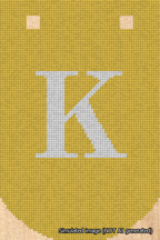 A simulated image of the stitched needlepoint design: Banner 18m Curved K White on Yellow. Not A.I. generated.