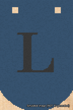 A simulated image of the stitched needlepoint design: Banner 18m Curved L Black on Blue. Not A.I. generated.