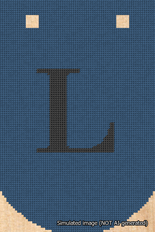 A simulated image of the stitched needlepoint design: Banner 18m Curved L Black on Blue. Not A.I. generated.