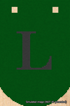 A simulated image of the stitched needlepoint design: Banner 18m Curved L Black on Green. Not A.I. generated.