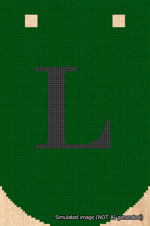 A simulated image of the stitched needlepoint design: Banner 18m Curved L Black on Green. Not A.I. generated.