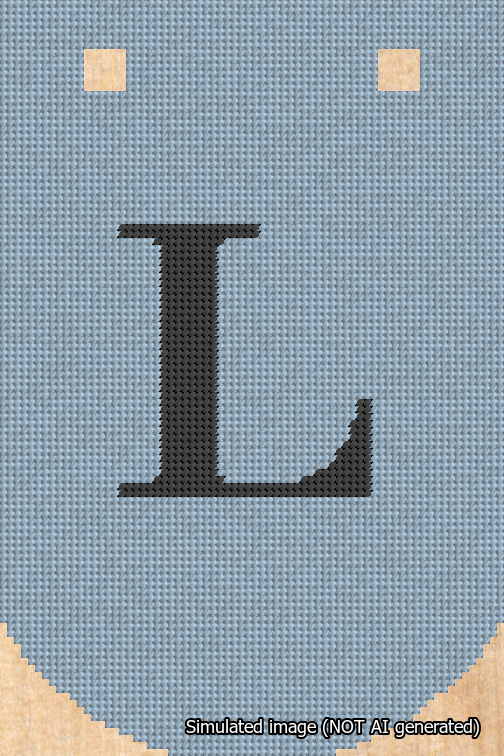 A simulated image of the stitched needlepoint design: Banner 18m Curved L Black on Light Blue. Not A.I. generated.