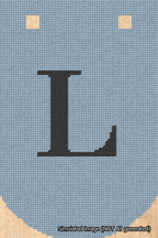A simulated image of the stitched needlepoint design: Banner 18m Curved L Black on Light Blue. Not A.I. generated.