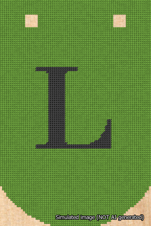 A simulated image of the stitched needlepoint design: Banner 18m Curved L Black on Light Green. Not A.I. generated.
