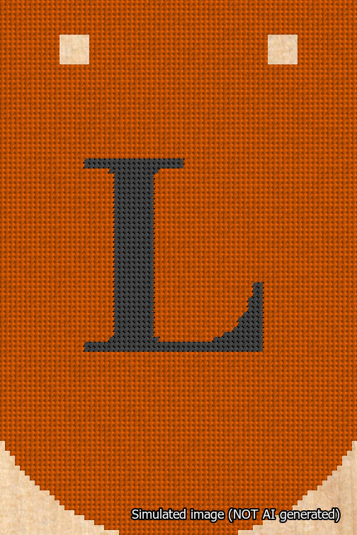 A simulated image of the stitched needlepoint design: Banner 18m Curved L Black on Orange. Not A.I. generated.