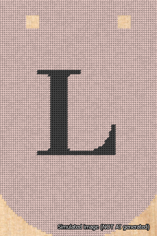 A simulated image of the stitched needlepoint design: Banner 18m Curved L Black on Pink. Not A.I. generated.