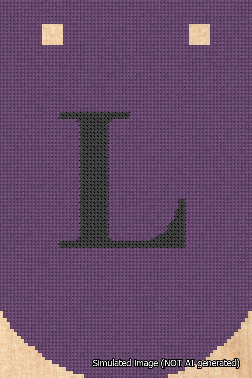 A simulated image of the stitched needlepoint design: Banner 18m Curved L Black on Purple. Not A.I. generated.