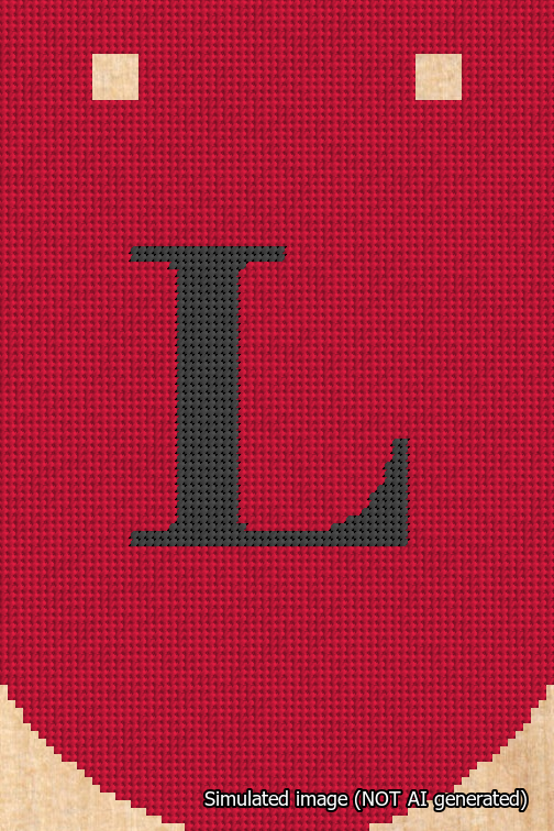 A simulated image of the stitched needlepoint design: Banner 18m Curved L Black on Red. Not A.I. generated.