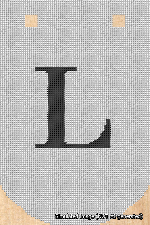 A simulated image of the stitched needlepoint design: Banner 18m Curved L Black on White. Not A.I. generated.
