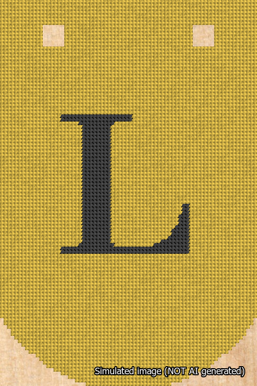 A simulated image of the stitched needlepoint design: Banner 18m Curved L Black on Yellow. Not A.I. generated.
