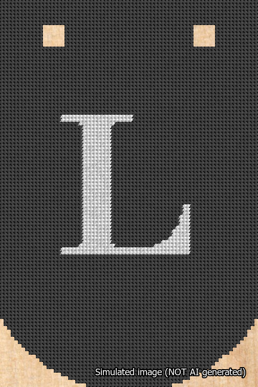 A simulated image of the stitched needlepoint design: Banner 18m Curved L White on Black. Not A.I. generated.