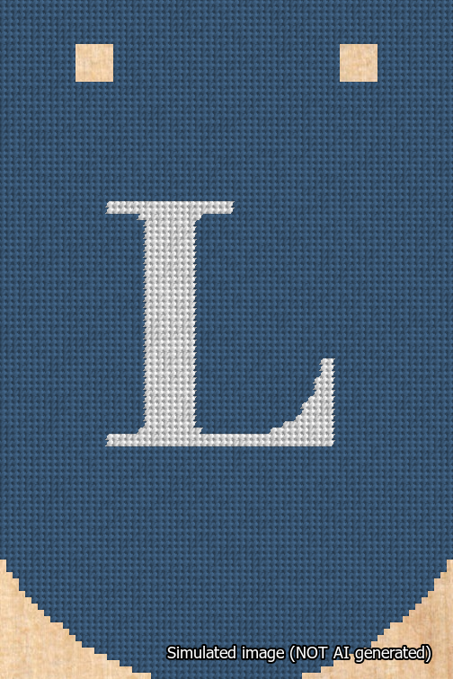 A simulated image of the stitched needlepoint design: Banner 18m Curved L White on Blue. Not A.I. generated.