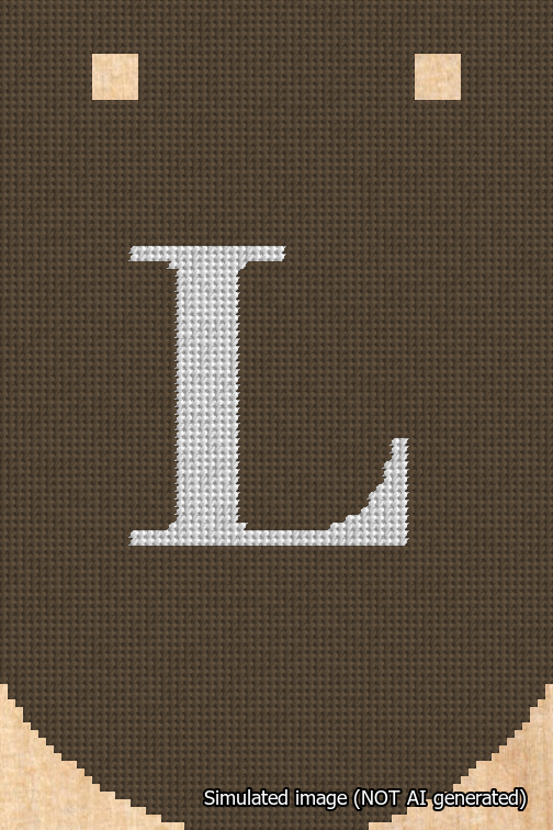 A simulated image of the stitched needlepoint design: Banner 18m Curved L White on Brown. Not A.I. generated.