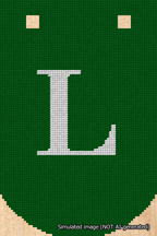A simulated image of the stitched needlepoint design: Banner 18m Curved L White on Green. Not A.I. generated.
