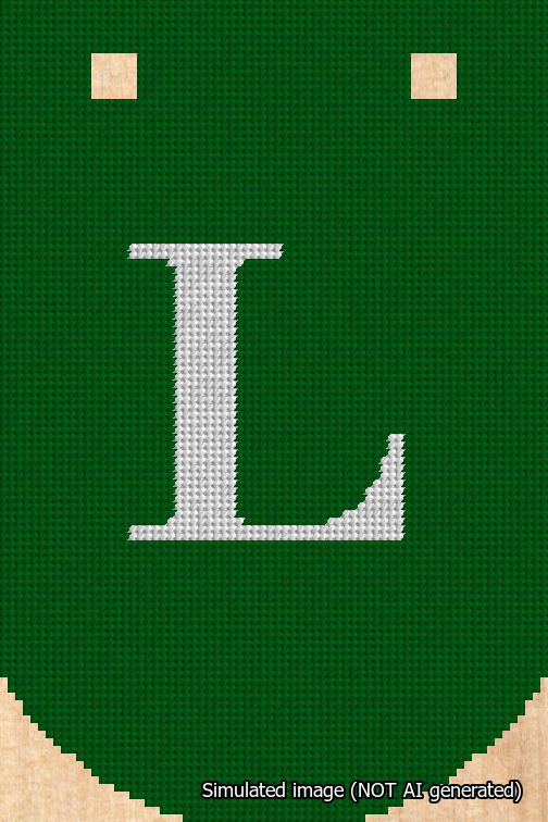 A simulated image of the stitched needlepoint design: Banner 18m Curved L White on Green. Not A.I. generated.