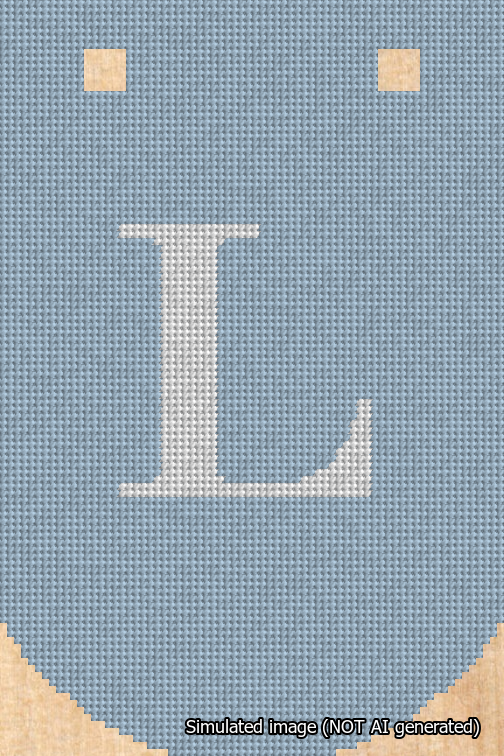 A simulated image of the stitched needlepoint design: Banner 18m Curved L White on Light Blue. Not A.I. generated.