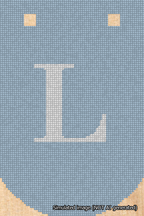 A simulated image of the stitched needlepoint design: Banner 18m Curved L White on Light Blue. Not A.I. generated.