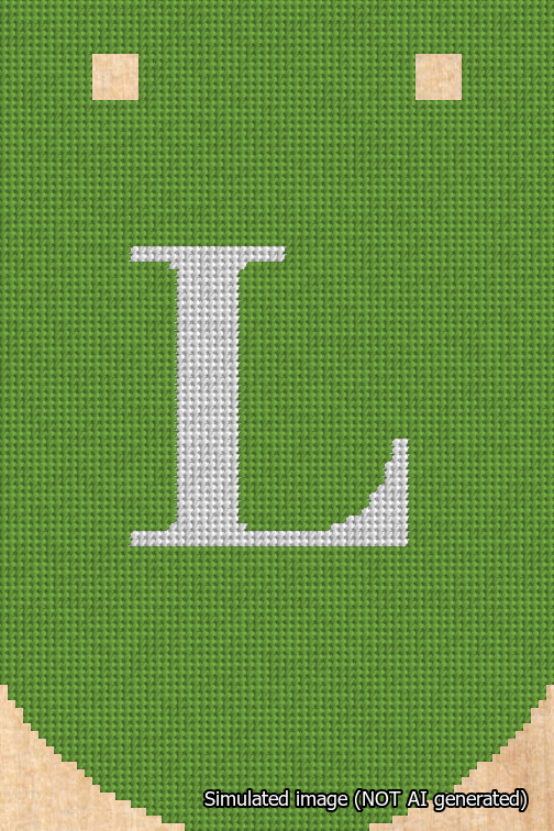 A simulated image of the stitched needlepoint design: Banner 18m Curved L White on Light Green. Not A.I. generated.