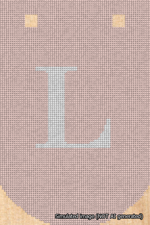 A simulated image of the stitched needlepoint design: Banner 18m Curved L White on Pink. Not A.I. generated.
