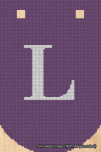 A simulated image of the stitched needlepoint design: Banner 18m Curved L White on Purple. Not A.I. generated.