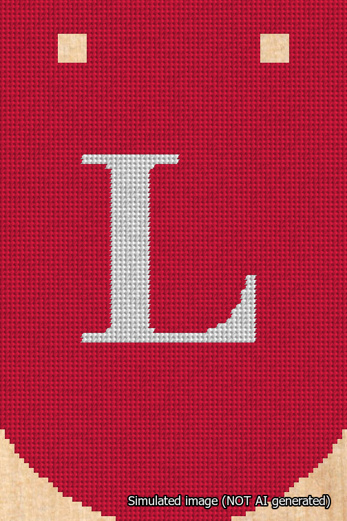 A simulated image of the stitched needlepoint design: Banner 18m Curved L White on Red. Not A.I. generated.