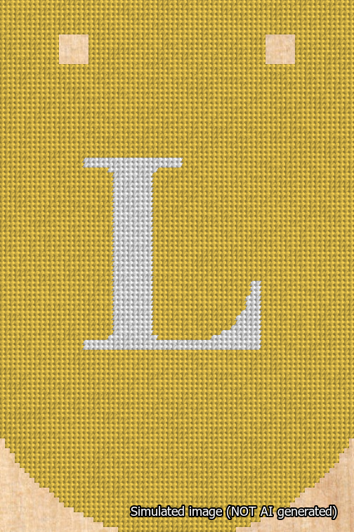 A simulated image of the stitched needlepoint design: Banner 18m Curved L White on Yellow. Not A.I. generated.