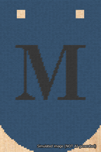A simulated image of the stitched needlepoint design: Banner 18m Curved M Black on Blue. Not A.I. generated.