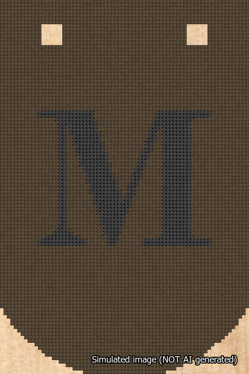 A simulated image of the stitched needlepoint design: Banner 18m Curved M Black on Brown. Not A.I. generated.