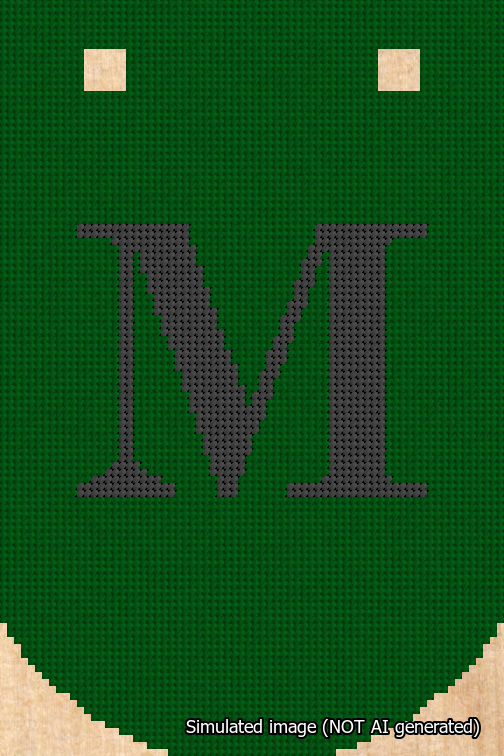 A simulated image of the stitched needlepoint design: Banner 18m Curved M Black on Green. Not A.I. generated.