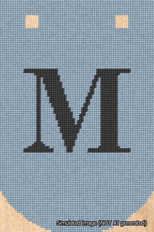 A simulated image of the stitched needlepoint design: Banner 18m Curved M Black on Light Blue. Not A.I. generated.