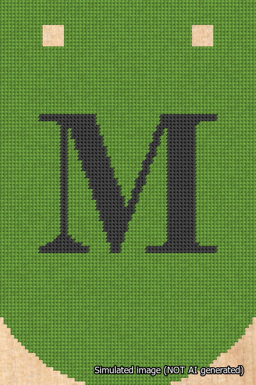 A simulated image of the stitched needlepoint design: Banner 18m Curved M Black on Light Green. Not A.I. generated.